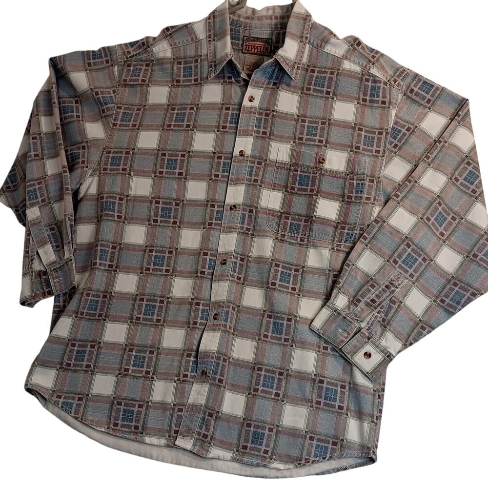 Zeppelin Vintage Jean Shirt Mens XL Gray/Blue Plaid‎ Button Up Casual Y2K